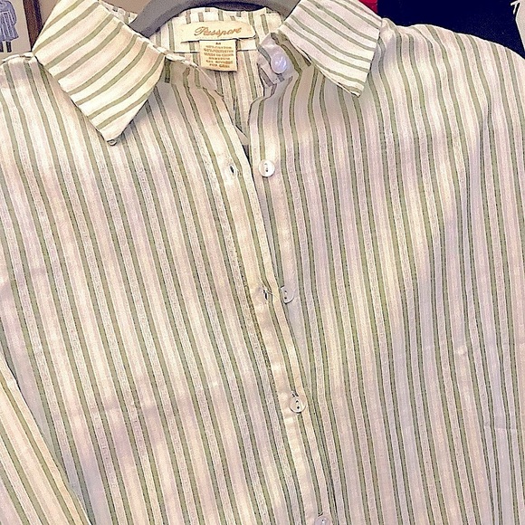 Passport Women’s (Medium) Sage & White Striped Tailored Button Down Blouse - Picture 2 of 8